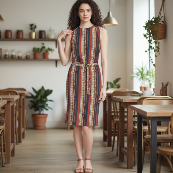 Tory Burch Julia Oceano Aztec Stripe Shoulder Button Detail Silk Dress Size 8 - Picture 4 of 10